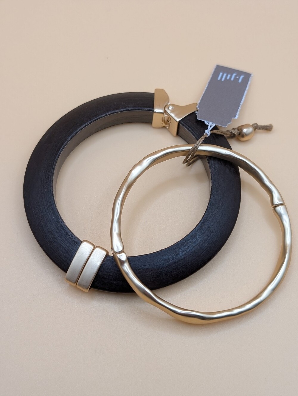 J. Jill Elegant Wood & Metal Bangle Set Magnetic Opening Brown & Gold NWT $49